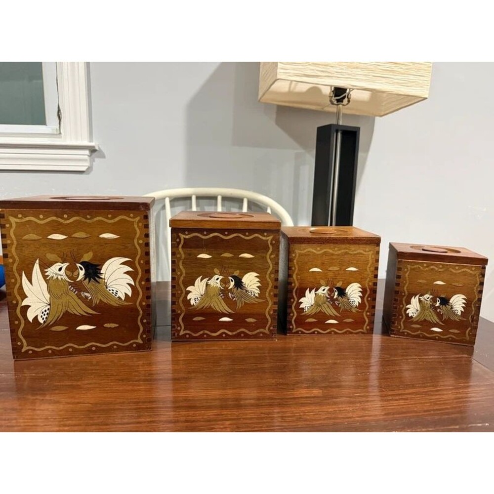 Vintage Japan Wood Rooster Nesting Canister Set of 4 Dovetail Kitchen Decor